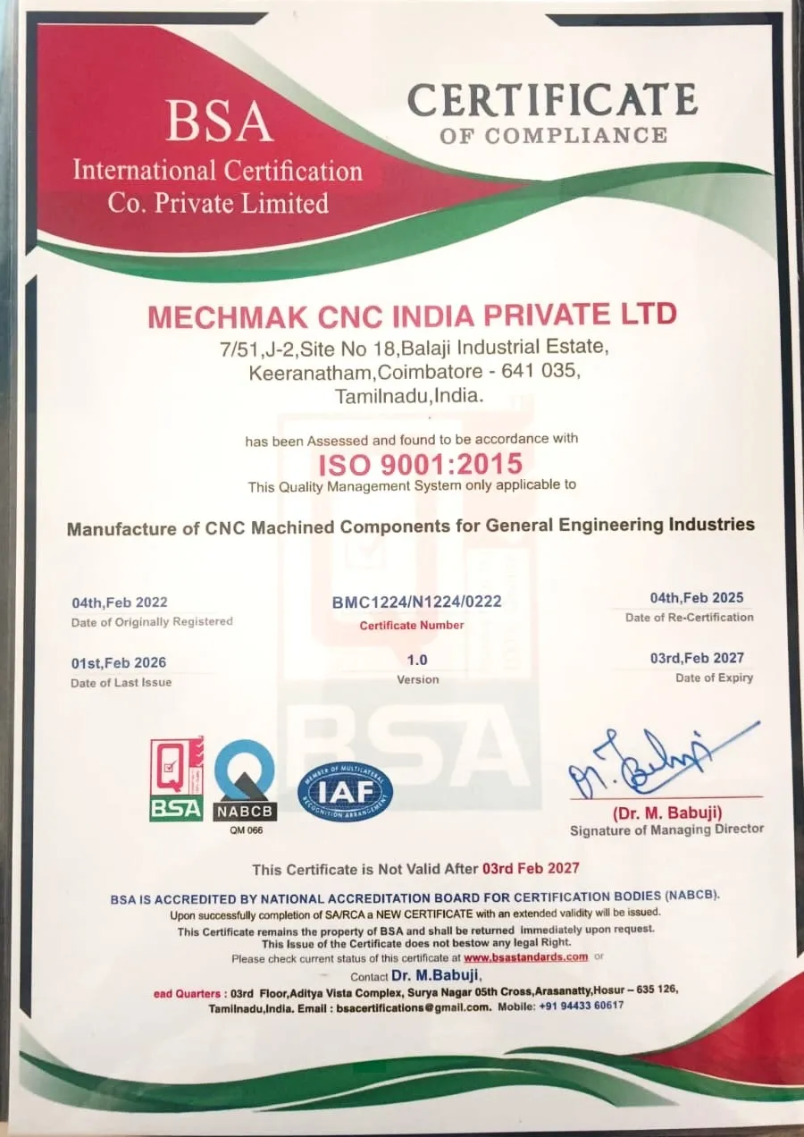 Mechmak ISO 9001:2015 Quality Management System Certificate